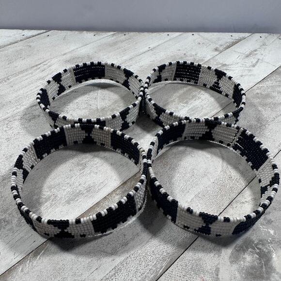 Maasai Black and White Beaded Bracelet Stacked Set of Four African Bangles - Picture 3 of 6
